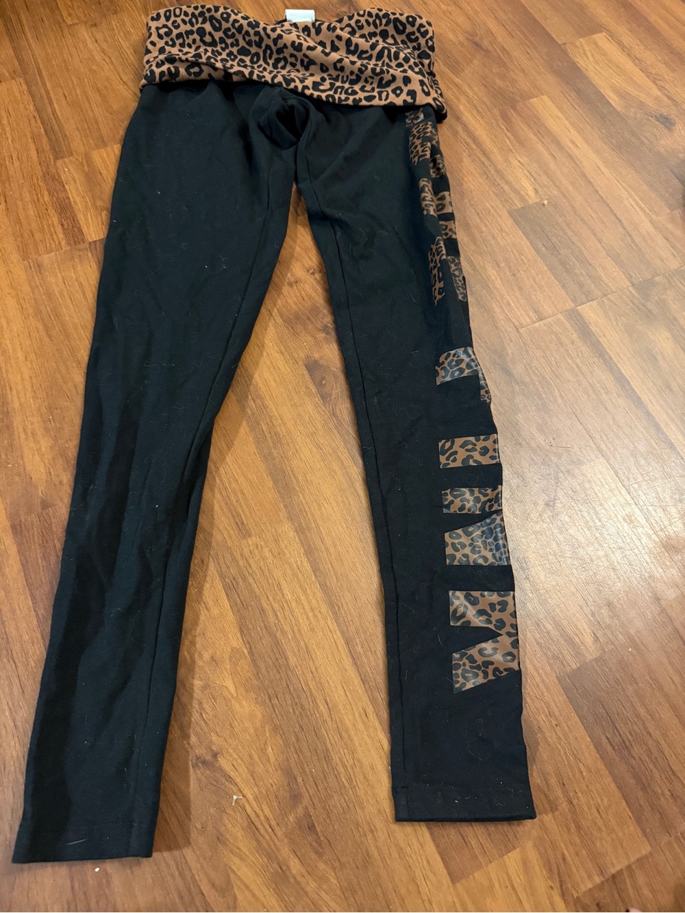 PINK Victoria's Secret Black Leggings with Leopard Fold-Over Waistband